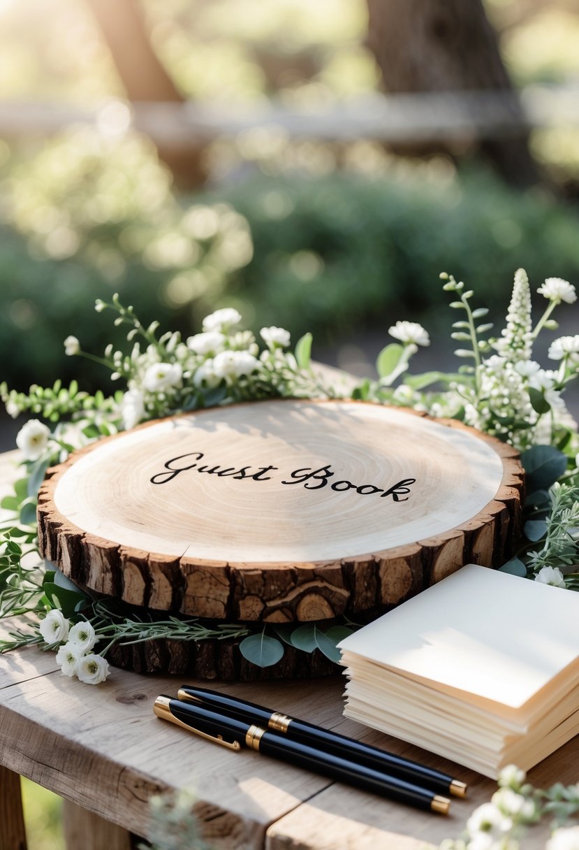 A wood slice guest book station with pens, blank cards, and floral decorations on a wooden table outdoors.