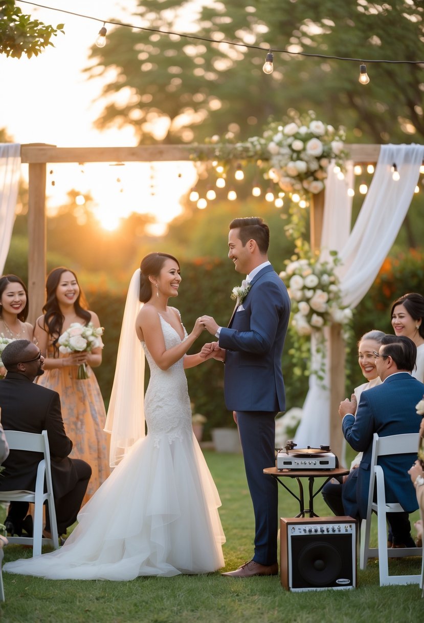 A couple renewing their wedding vows outdoors, surrounded by smiling guests in a garden setting.