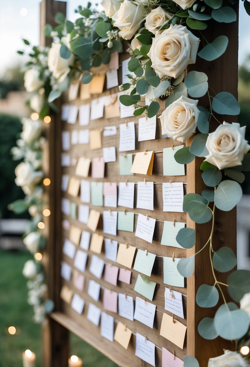 A vow wall decorated with flowers and pinned guest messages at a wedding vow renewal event.