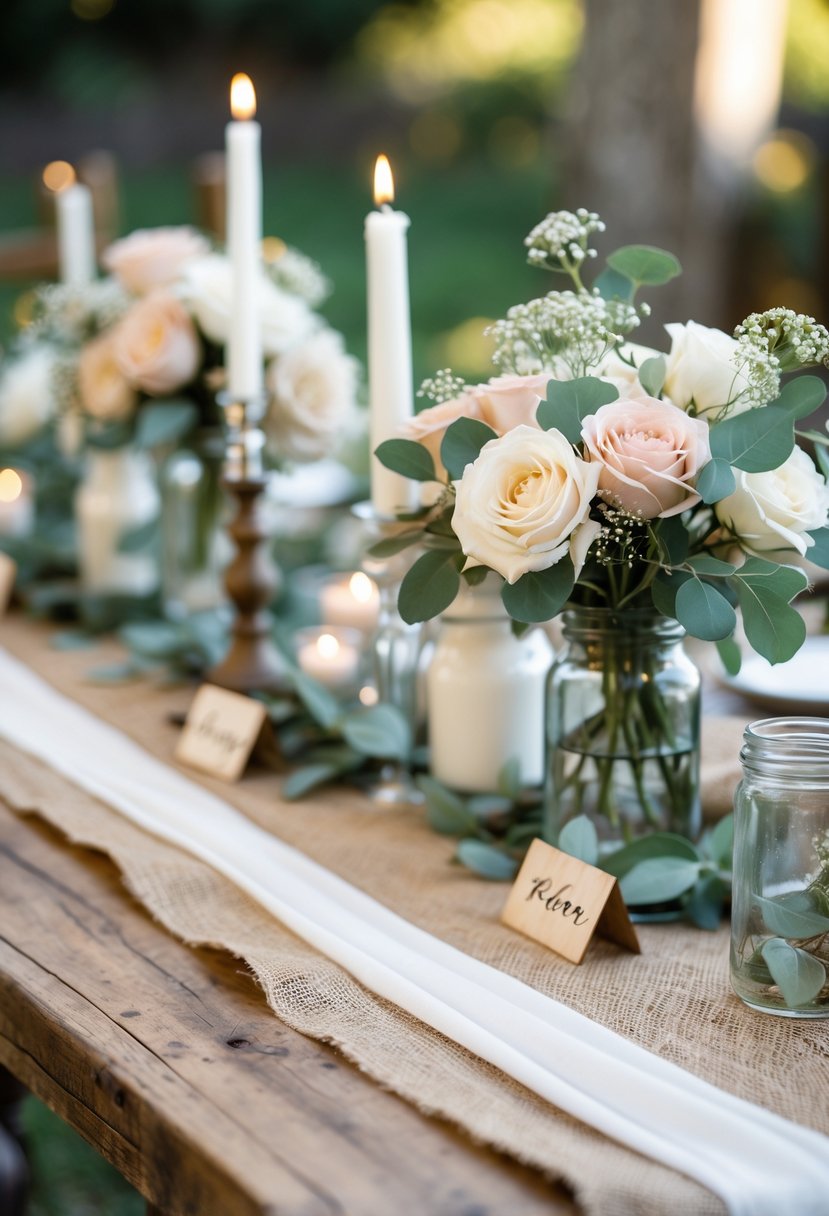 A wooden table with a natural burlap runner, decorated with white and blush flowers, green leaves, candles, and wooden name tags, set outdoors.