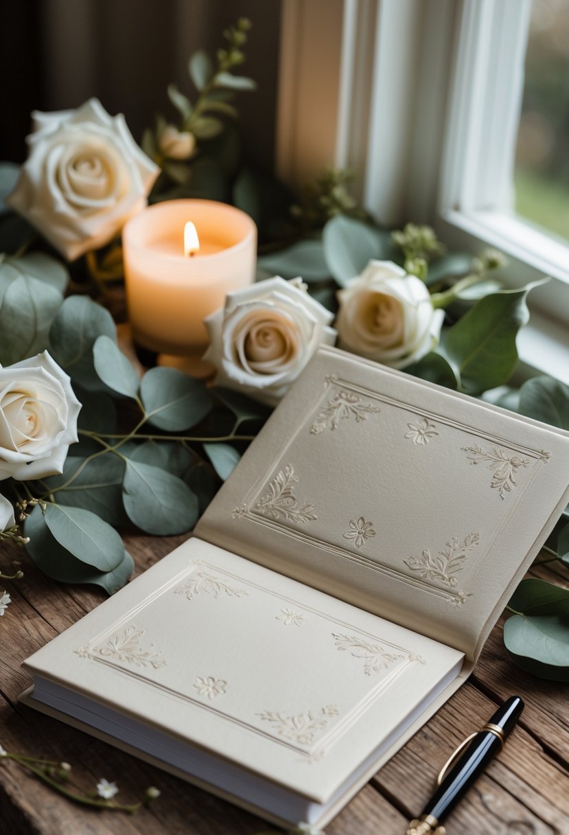 An open keepsake vow book on a wooden table surrounded by white roses, eucalyptus leaves, and a fountain pen.