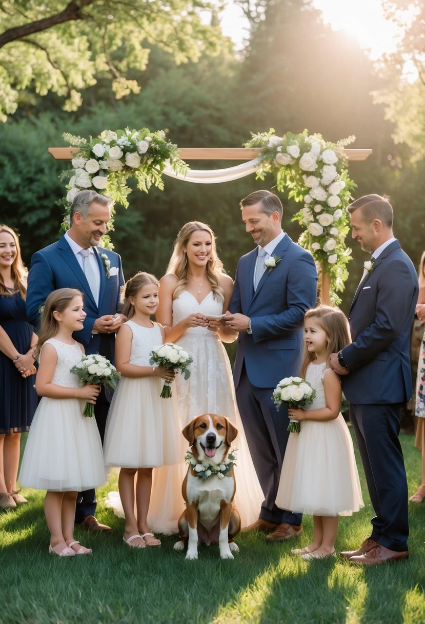A couple renewing their wedding vows outdoors with their children and a dog, surrounded by greenery and smiling guests.