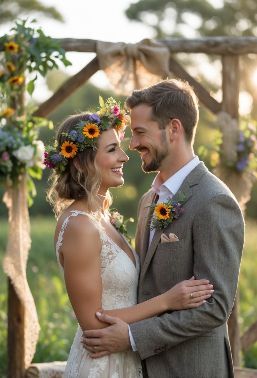 A couple wearing wildflower floral crowns standing close together outdoors during a rustic vow renewal ceremony.