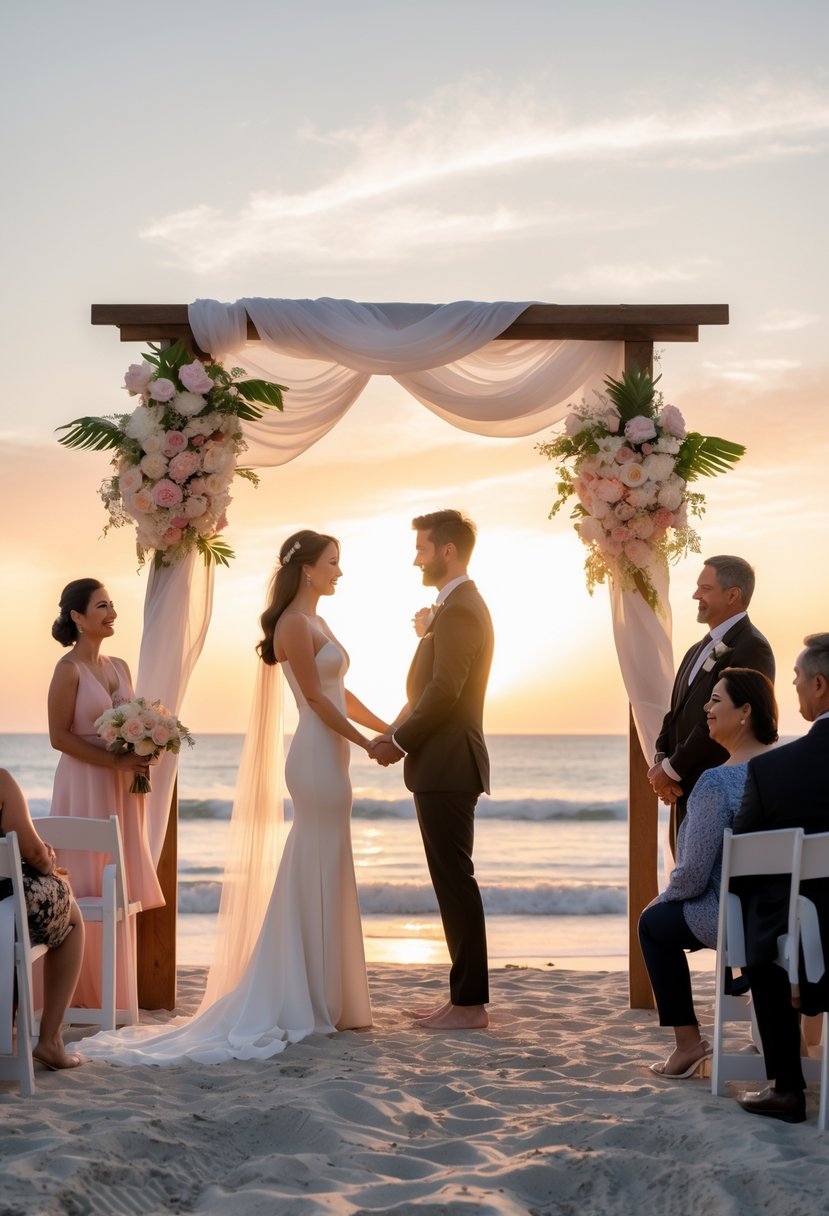 A couple renews their wedding vows on a beach at sunset with a wooden arch and a small group of guests watching.