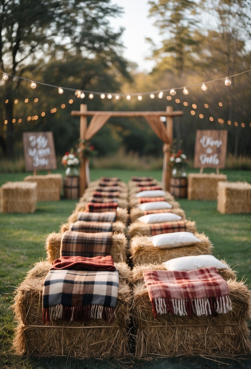 Hay bale seating with cozy plaid throws arranged outdoors for a rustic wedding vow renewal.