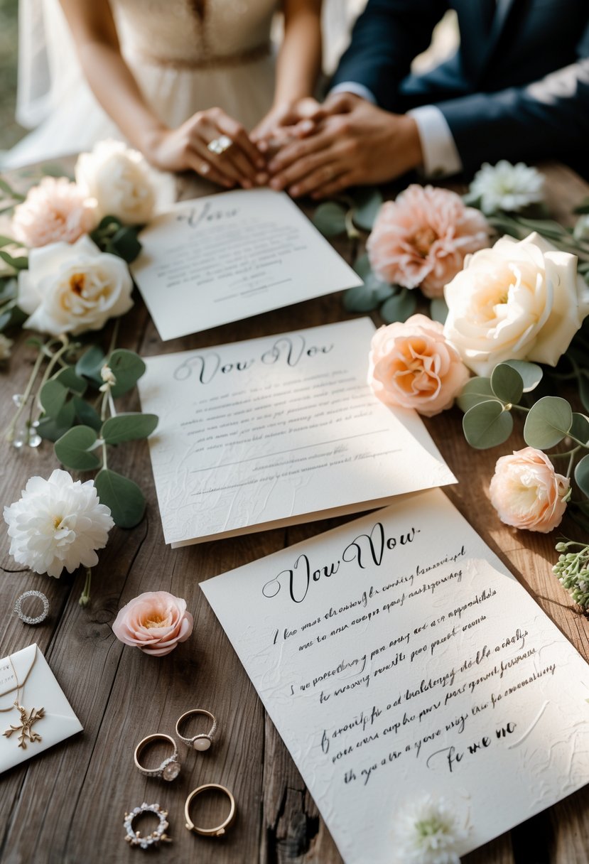 Handwritten vow letters on a wooden table surrounded by wedding rings and flowers with a couple holding hands in the background.