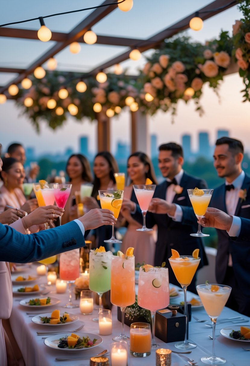 People enjoying a stylish outdoor cocktail party celebrating a wedding vow renewal with drinks and decorations.