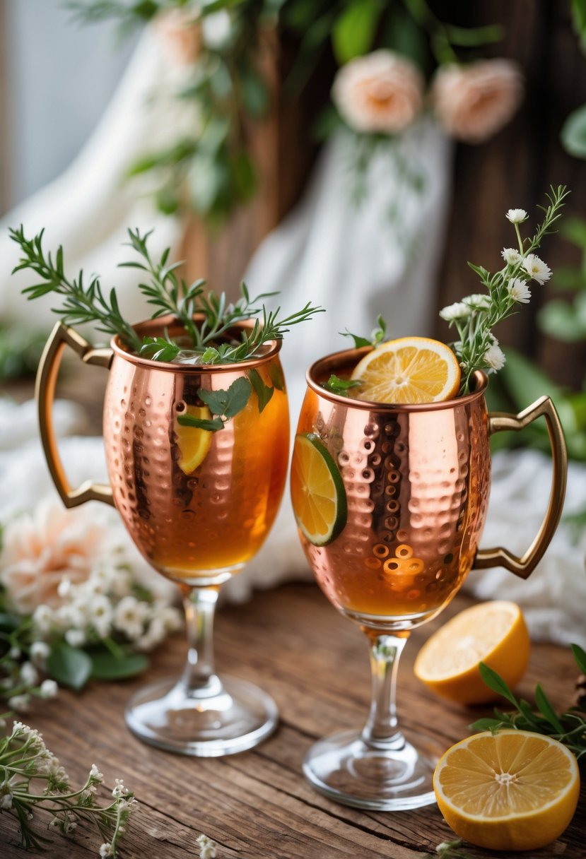 Two copper mugs clinking together on a wooden table with homemade cocktails and floral decorations in a rustic wedding vow renewal setting.
