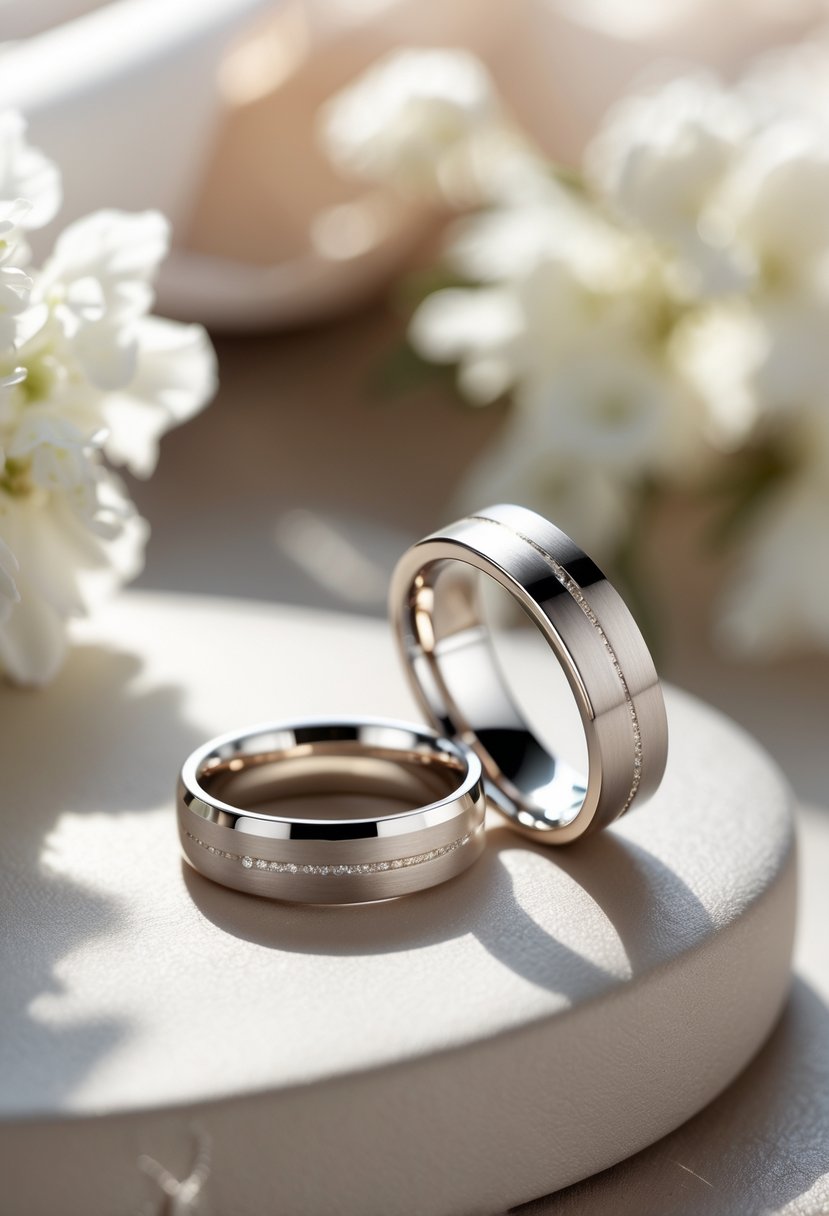 Two matching engraved vow renewal rings placed side by side on a smooth surface with blurred wedding flowers in the background.