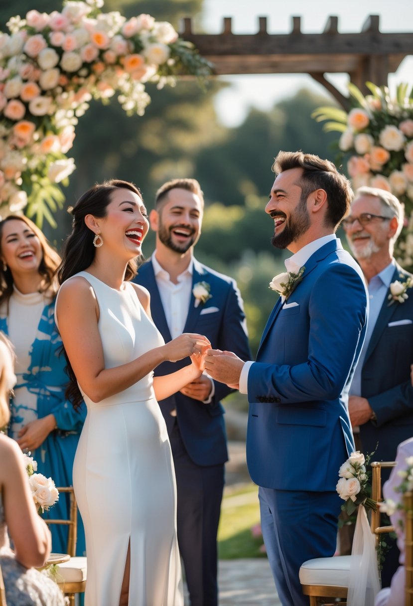 A couple laughing and exchanging vows during a wedding vow renewal ceremony with guests smiling around them outdoors.