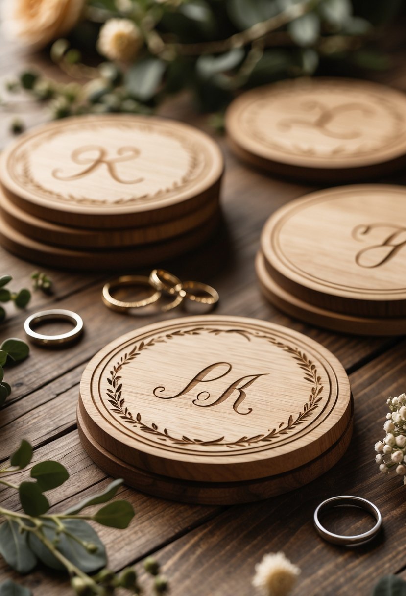 A set of personalized wooden coasters with engraved initials arranged on a wooden table with greenery and wedding rings nearby.