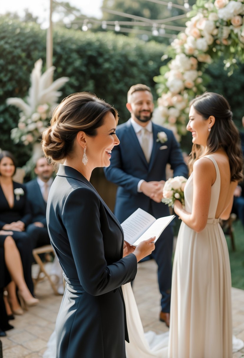 A friend reading a poem aloud during a wedding vow renewal ceremony outdoors, with the couple standing together and guests listening nearby.