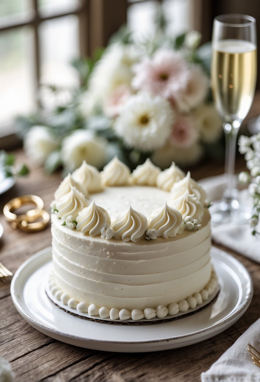 A small, elegantly decorated wedding-style cake on a plate with wedding rings and flowers in the background.