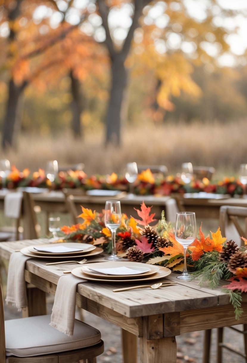Tables decorated with fall foliage garlands and rustic wedding vow renewal setup outdoors.