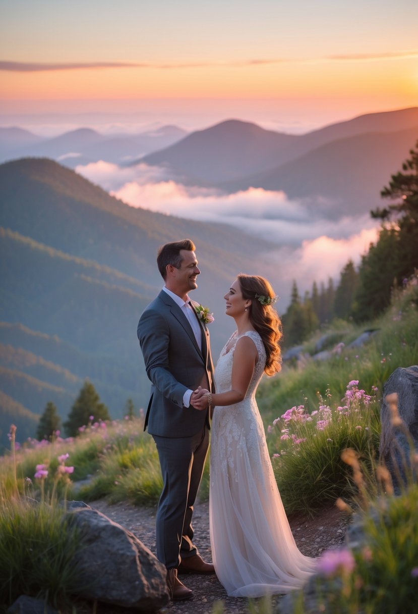 A couple renewing their wedding vows together outdoors on a mountain trail at sunrise.