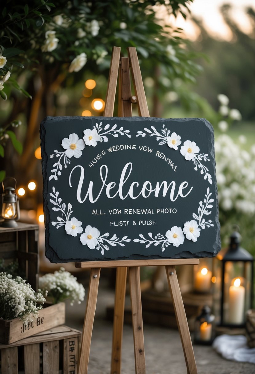 A hand-painted slate welcome sign on an easel surrounded by flowers and greenery at an outdoor wedding vow renewal setup.