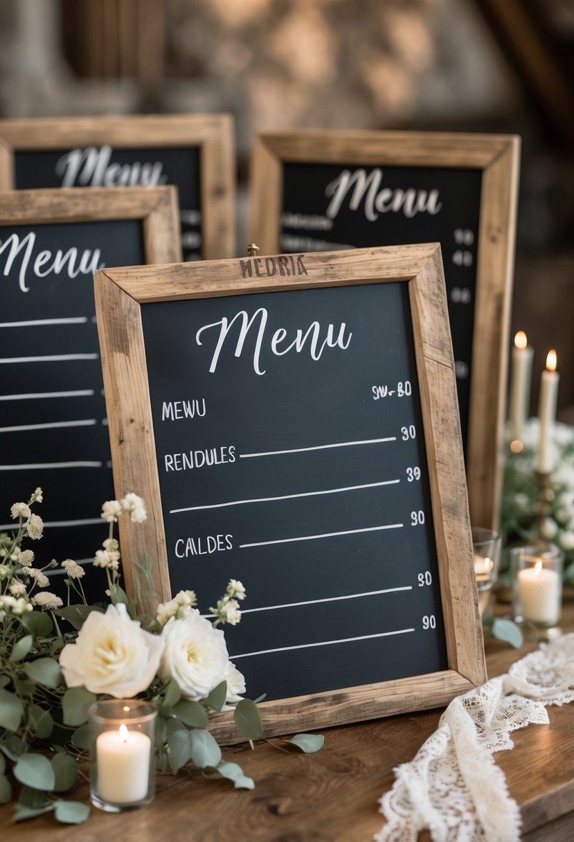 Several blank chalkboard menu boards with rustic wooden frames displayed on a wooden table surrounded by flowers and candles.