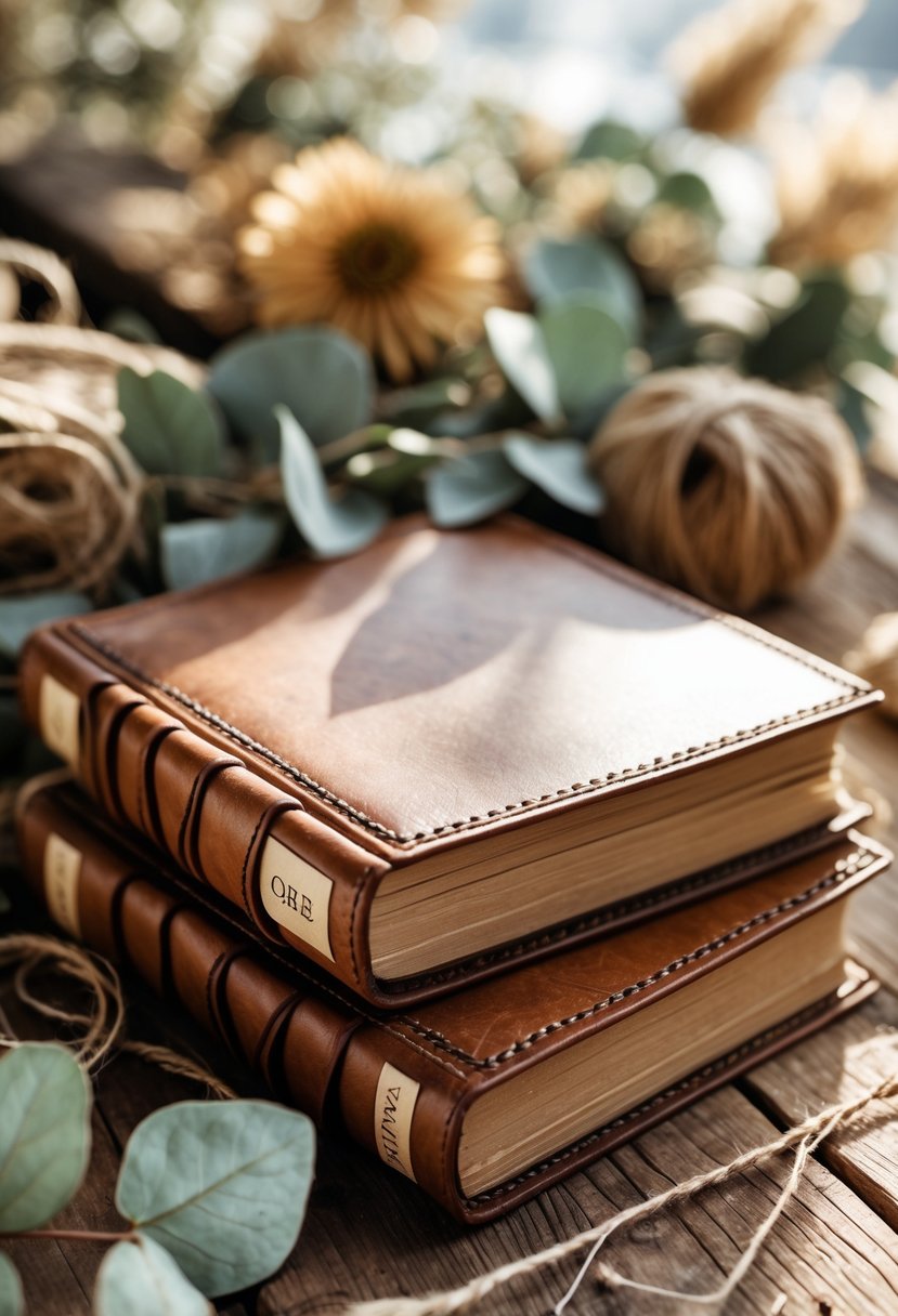 Two leather-bound vow books resting on a wooden table surrounded by dried flowers and leaves.