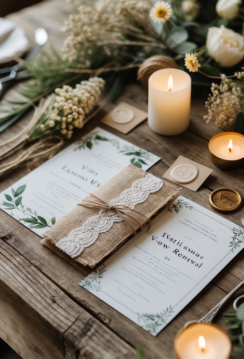 A wooden table with burlap and lace invitations surrounded by dried flowers, candles, and vintage wedding items.