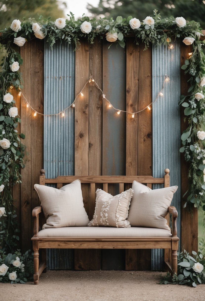 A rustic photo booth backdrop made of wood and metal with greenery and flowers, featuring a wooden bench in front.