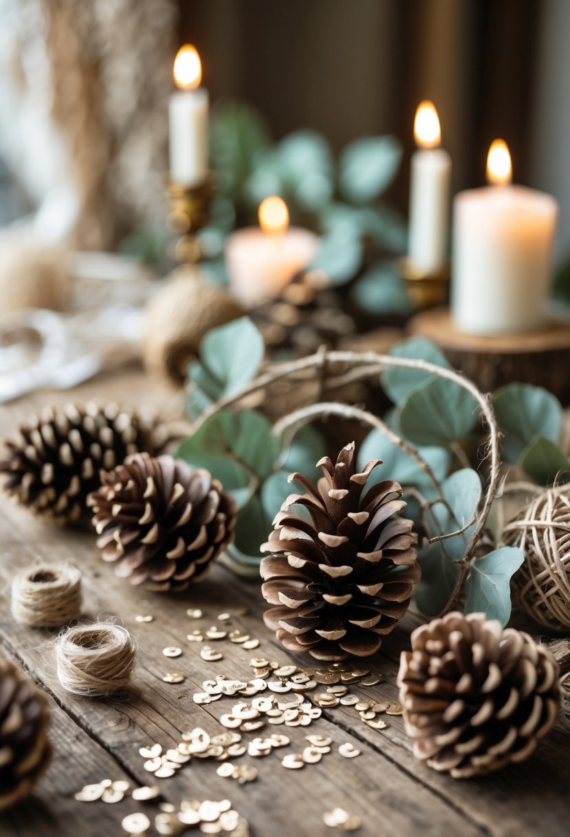 Close-up of handmade pinecone wedding confetti scattered on a wooden table with dried flowers and greenery.