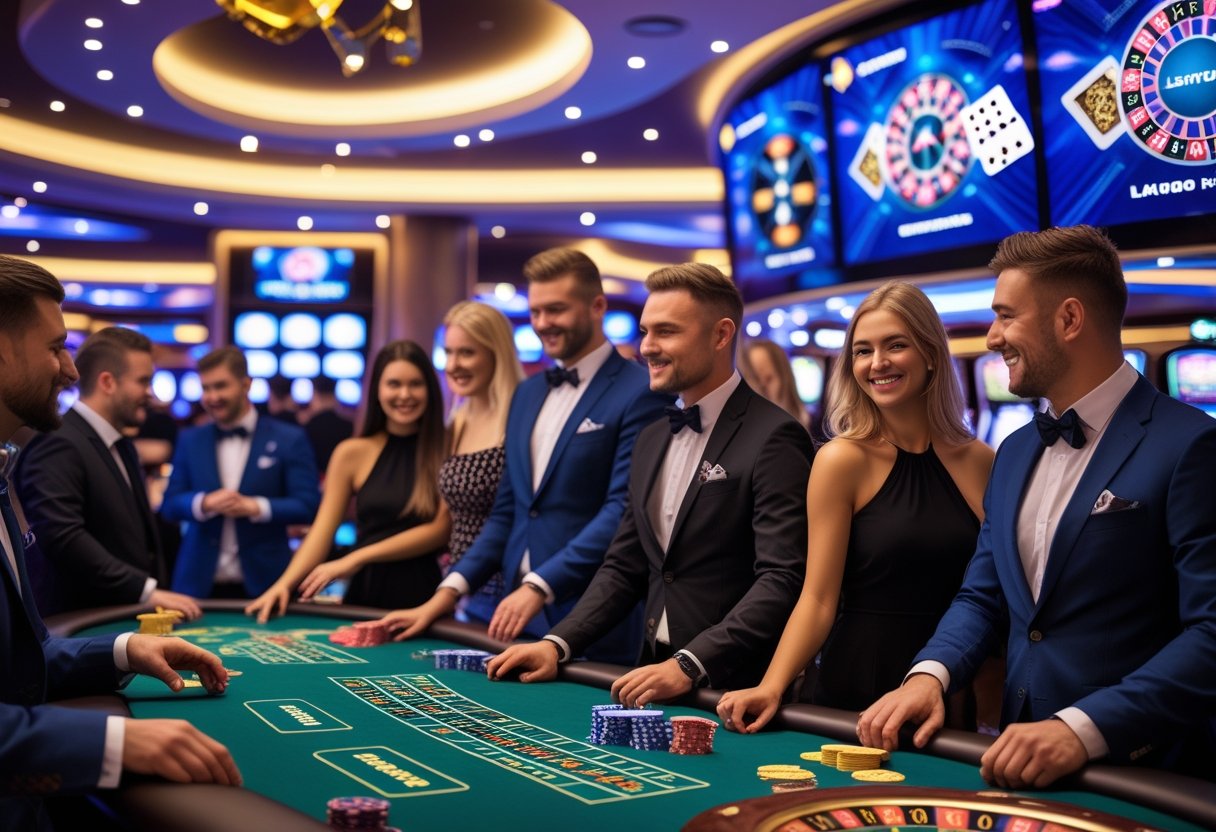 Dzīva kazino aina ar cilvēkiem, kas spēlē pokeru, ruleti un blekdžeku modernā kazino telpā Latvijā.