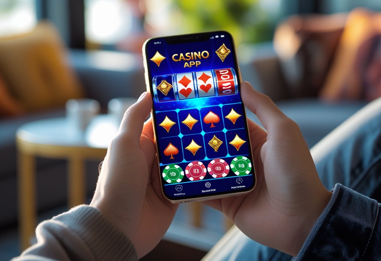 Persona tur viedtālruni ar atvērtu kazino lietotni, rādot spēļu automātus un pokera kārtis.