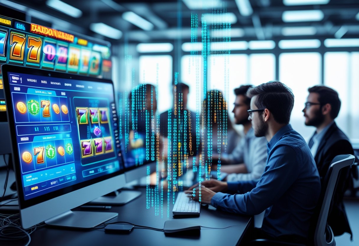 Cilvēki tehnoloģiju birojā analizē datus pie datora ekrāniem, kuros redzami tiešsaistes spēļu automāti un digitāli skaitļi.