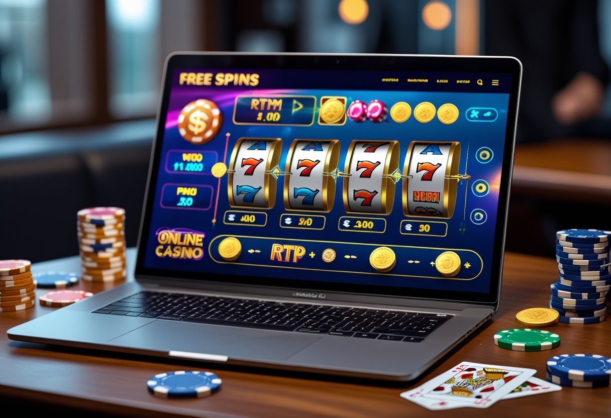 Dators ar atvērtu tiešsaistes kazino spēli un uz galda izvietotas kazino spēļu lietas, piemēram, pokeru žetoni un spēļu kārtis.