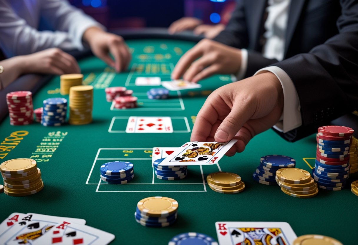Blackjack galda spēle kazino ar kārtīm, žetoniem un dīlera roku, kas dala kārtis spēlētājiem.