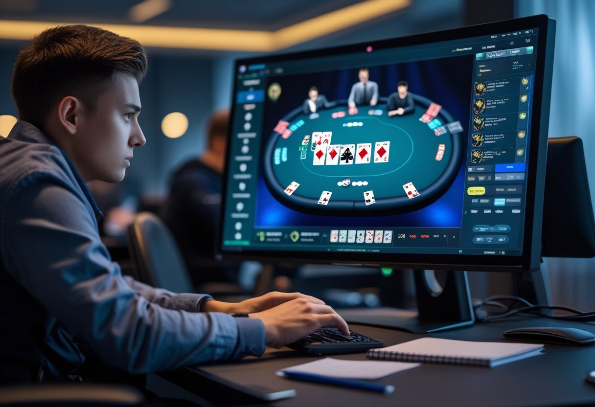 Cilvēks pie datora spēlē tiešsaistes pokeru, koncentrējoties uz spēli un stratēģiju.