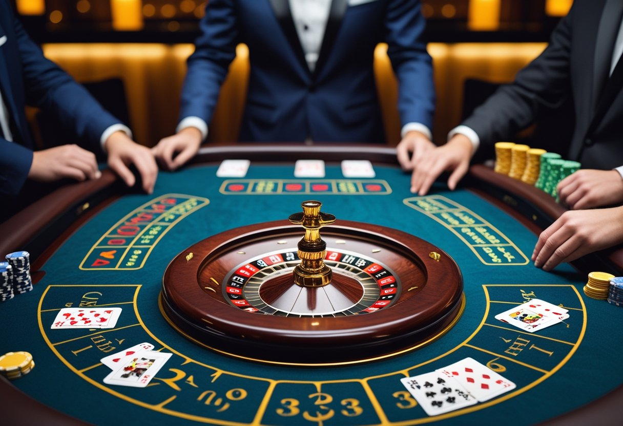 Live dīlera galda skats ar ruletes ratu, blackjack un bakara spēļu zonām, kurā redzams dīleris aiz galda spēļu laikā.