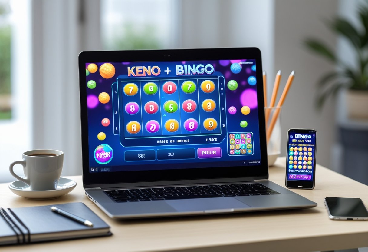 Dators ar Keno un Bingo spēli ekrānā uz galda mājas darba vietā.