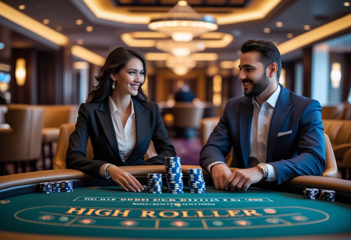 Elegants kazino interjers ar labi ģērbušiem spēlētājiem pie pokera galda un lielām likmēm.