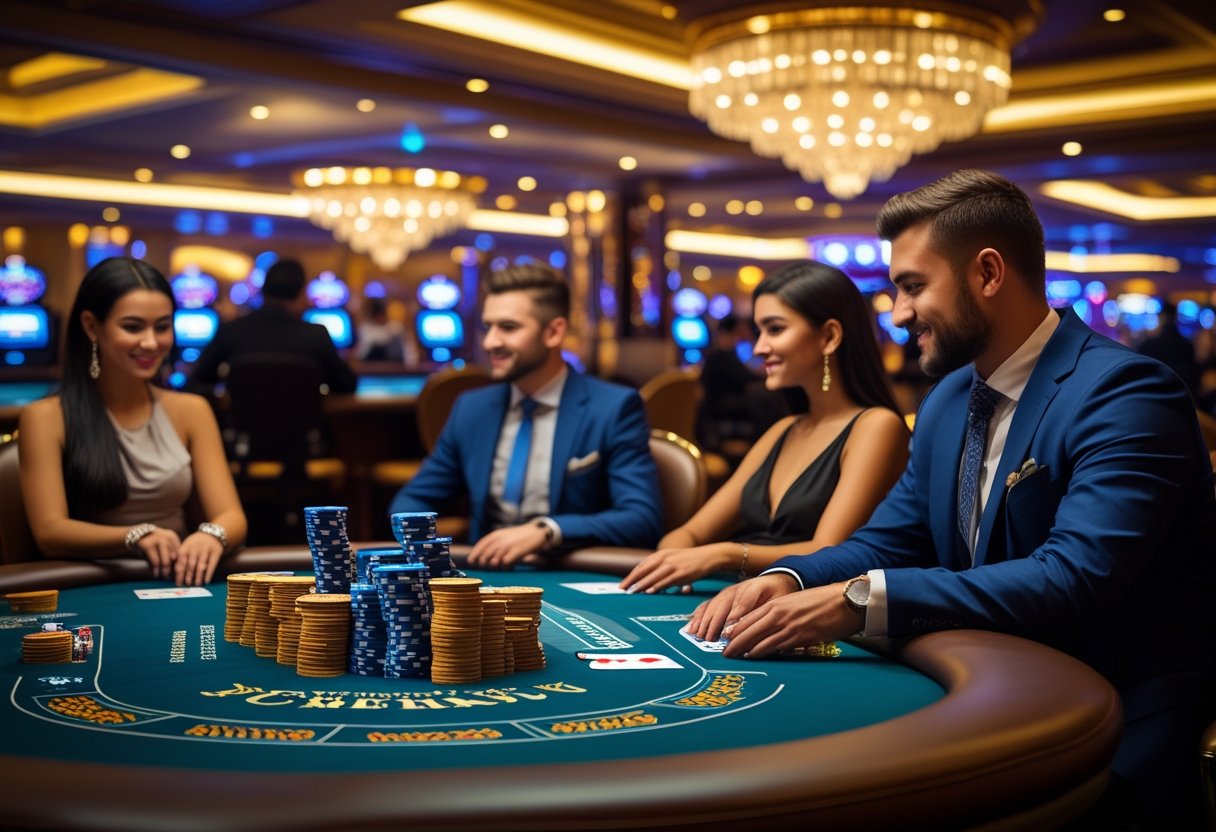 Augstākās likmju spēlētāji spēlē pokeru greznā kazino ar čipu kaudzēm un kartēm.