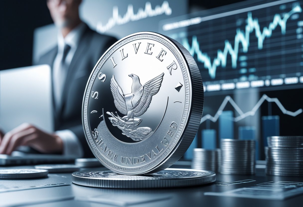 A businessperson examines financial charts and a large silver coin, representing analysis of silver's market value.