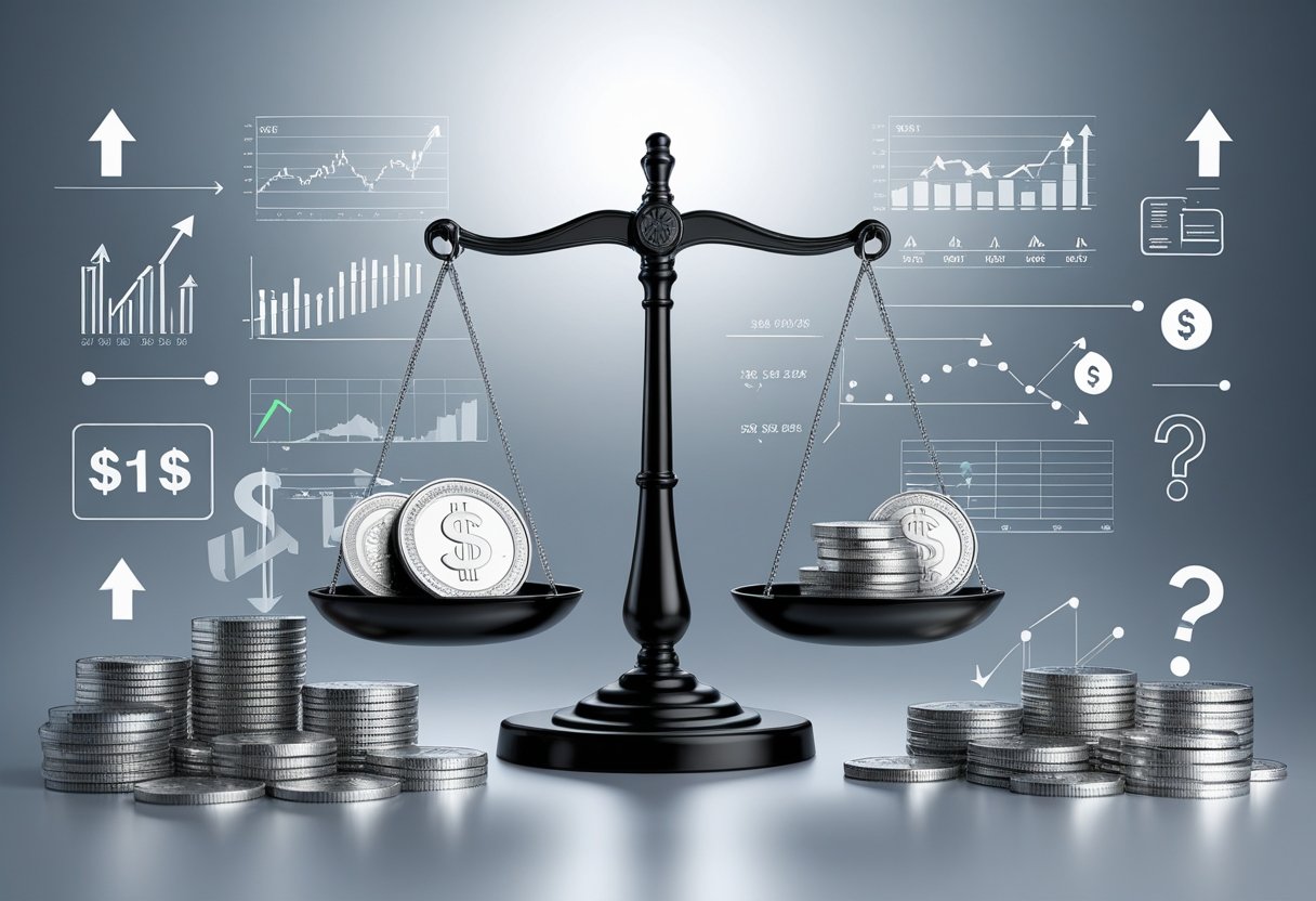 A balanced scale with silver coins on one side and financial charts on the other, surrounded by arrows and magnifying glasses representing market analysis.