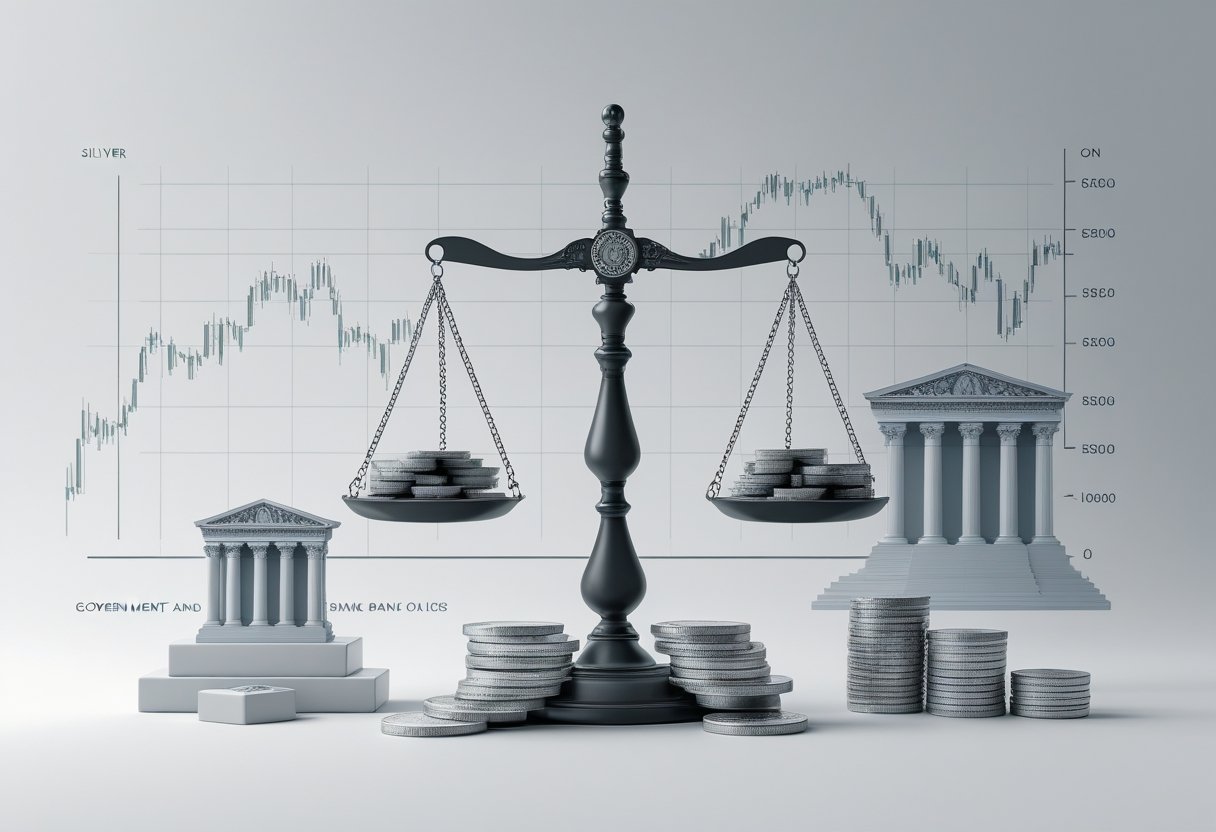 A balanced scale with silver bars and coins on one side and symbols of government and central bank policies on the other, with a financial chart in the background.