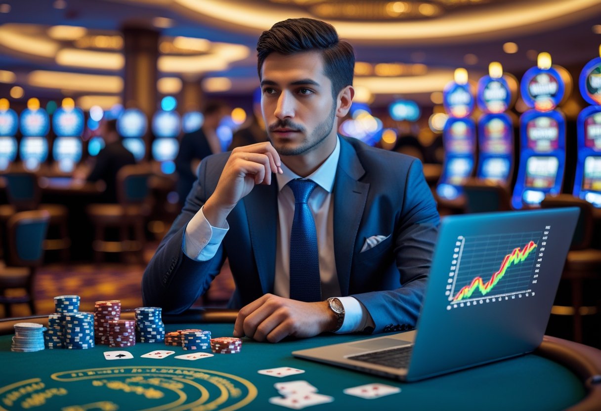 Vīrietis kazino pie galda ar pokeru un klēpjdatoru, koncentrēti analizējot datus.
