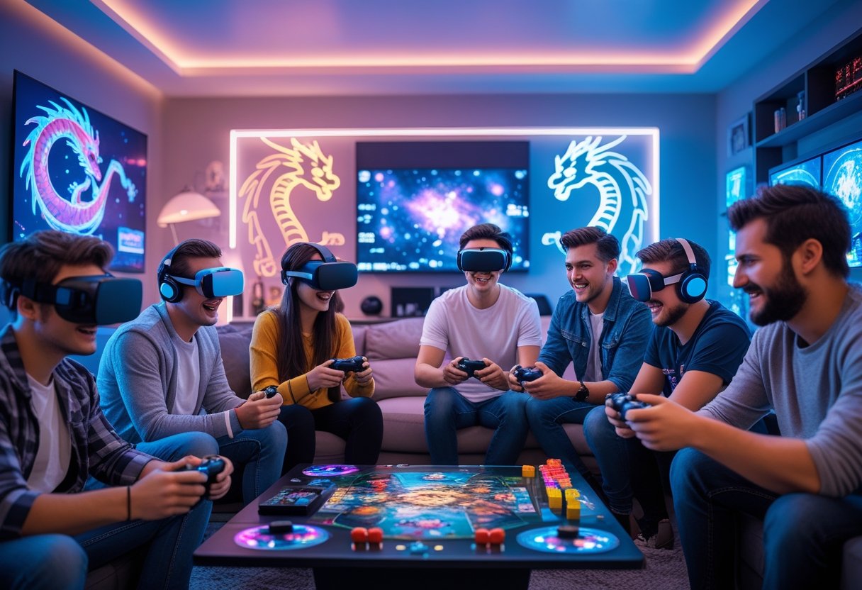 Dažādi jaunieši spēlē dažādas spēles modernā dzīvojamā istabā ar spilgtu apgaismojumu un futuristiskiem elementiem.
