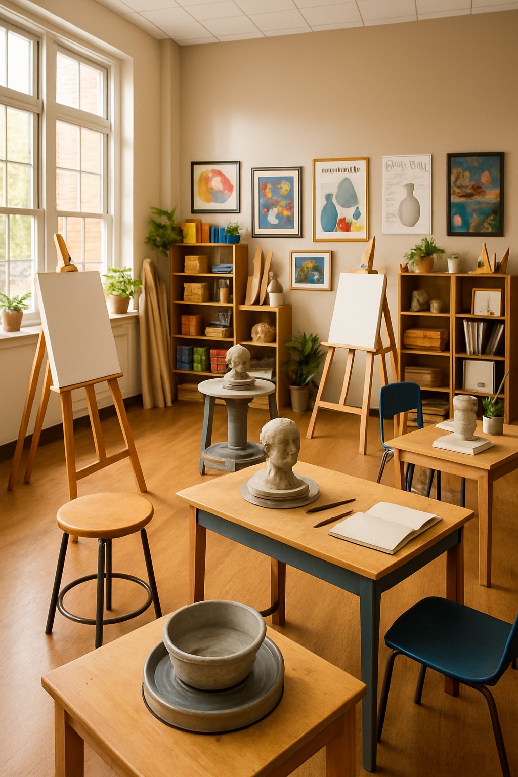 A bright art room ideas with easels, painting supplies, shelves of materials, tables with sketchbooks, and artwork displayed on the walls.