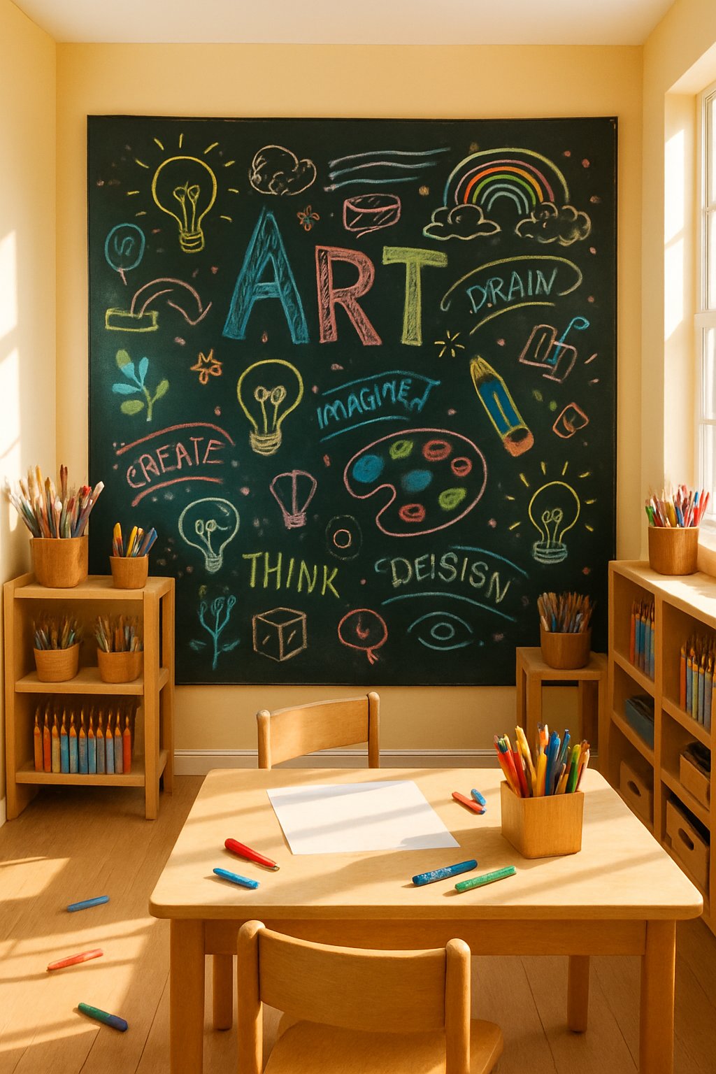 An art room with a large chalkboard wall covered in sketches and notes, art supplies on shelves and tables, and natural light coming through a window.