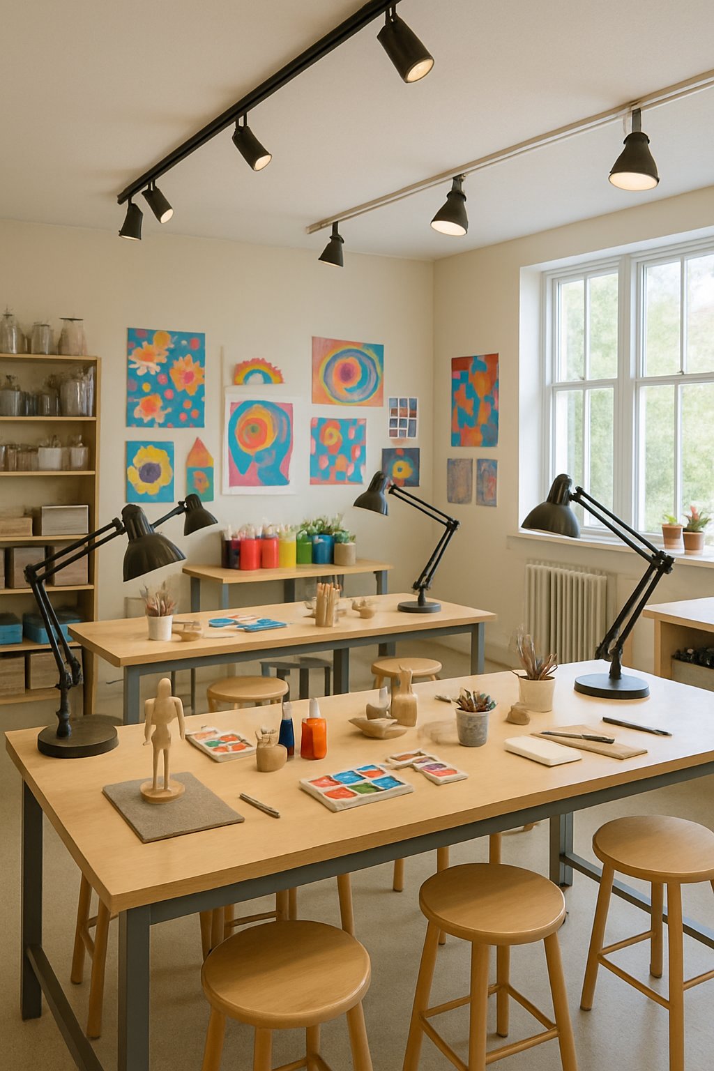 A well-lit art room with adjustable lighting, tables with art supplies, shelves, and artwork on the walls.