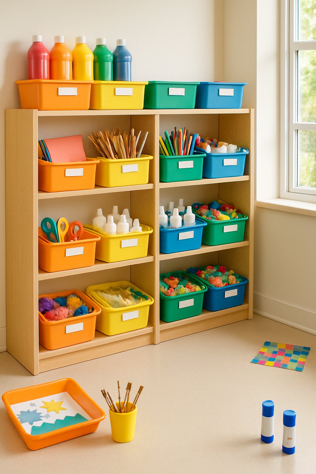An organized art room storage area with shelves holding colorful bins filled with various art supplies like paint, brushes, and paper.