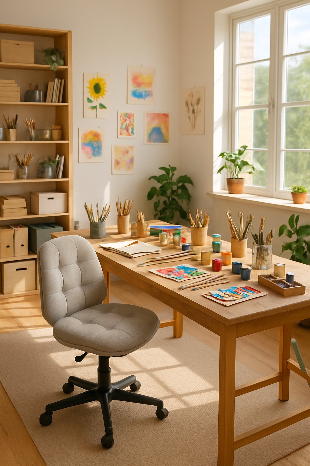 An art room with a comfortable swivel chair at a desk surrounded by art supplies and natural light.