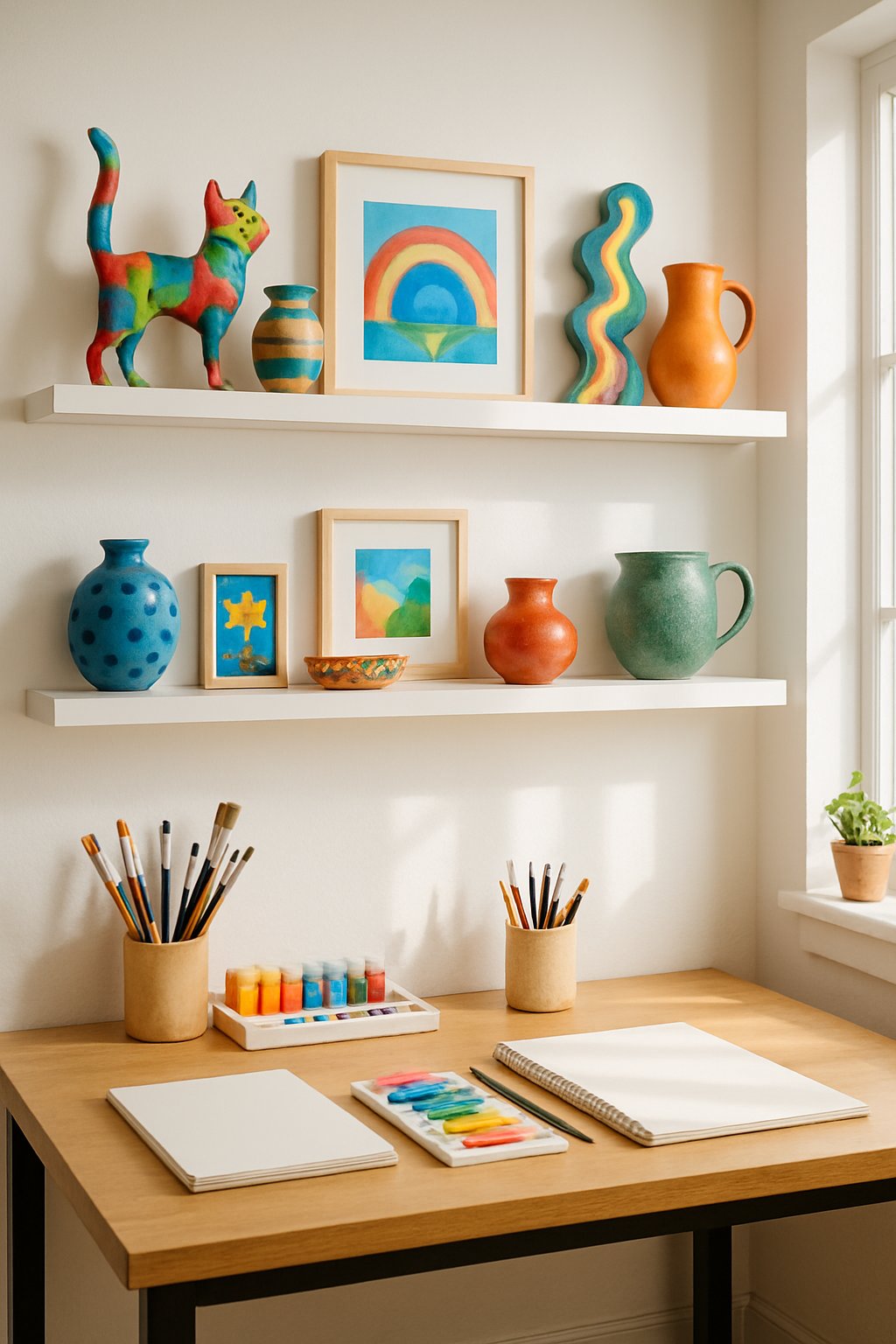 An art room with floating shelves displaying finished sculptures, pottery, and paintings above a wooden worktable with art supplies.