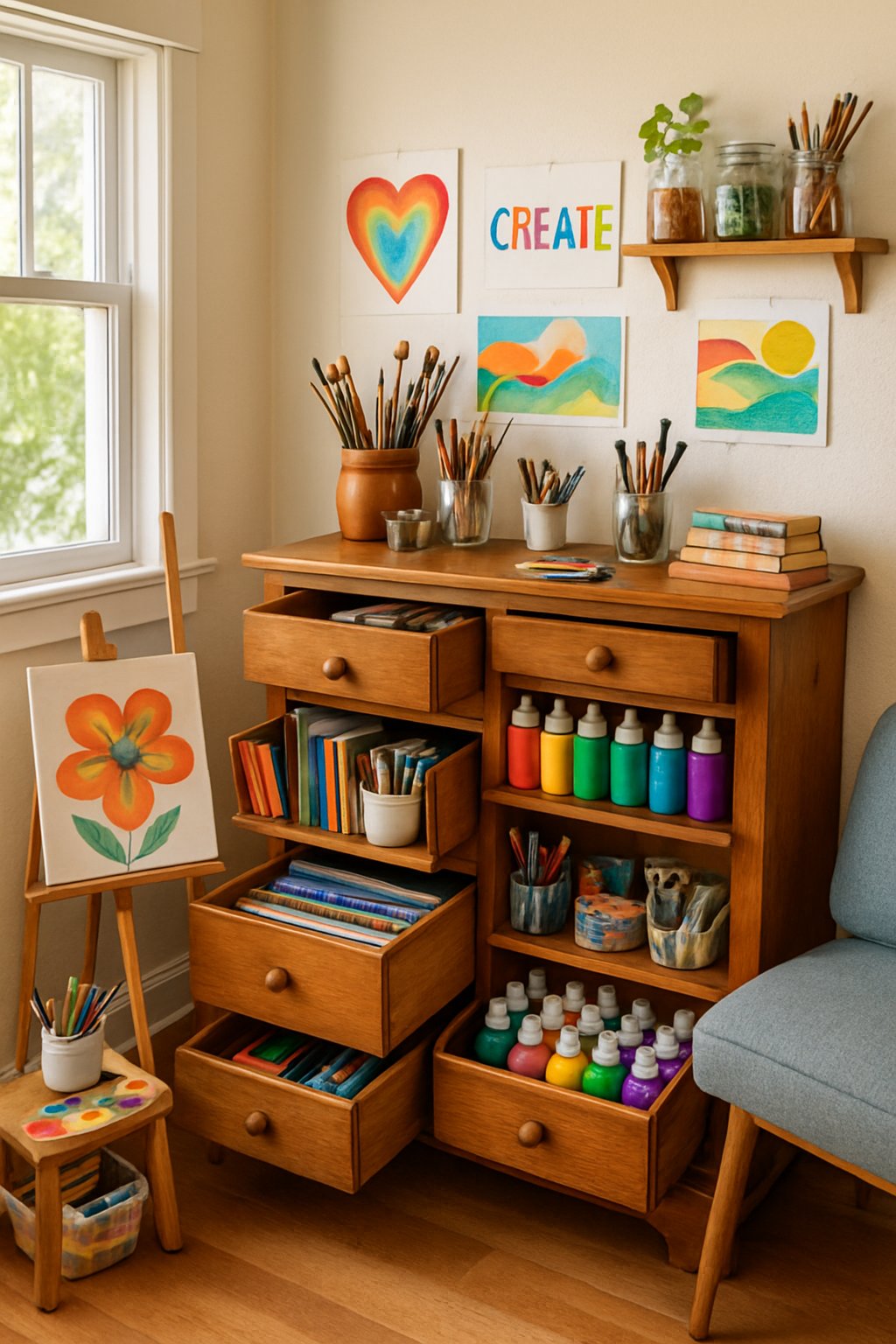 An art room with a wooden dresser repurposed to store art supplies like paints, brushes, and sketchbooks, surrounded by various art materials and natural light.