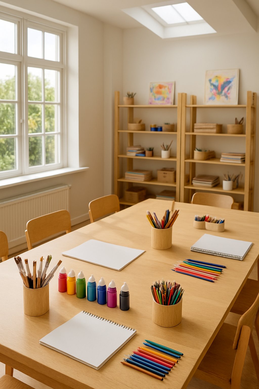 A bright art room with a large wooden table surrounded by art supplies and shelves filled with materials.