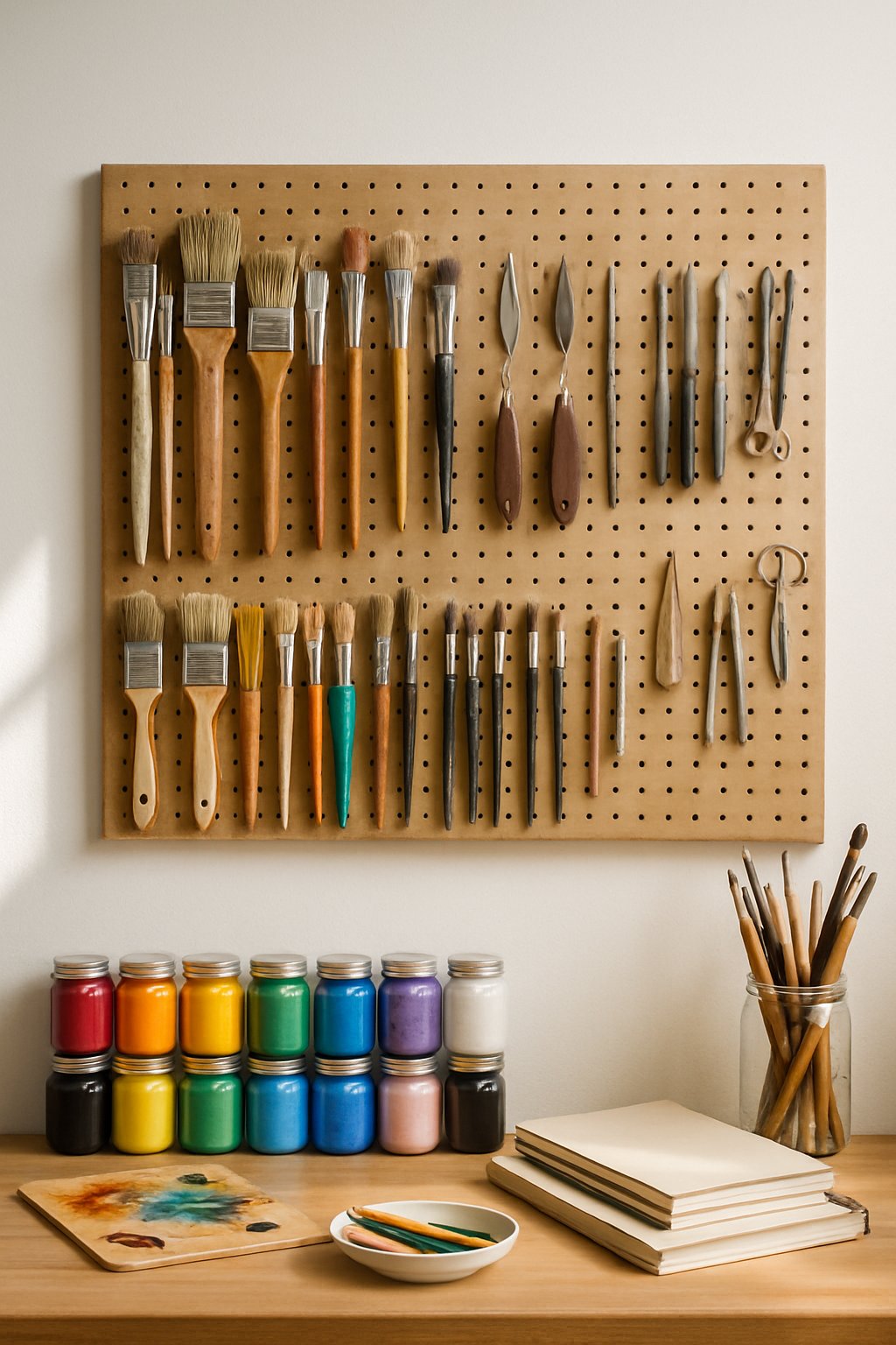 An art room with a pegboard holding paintbrushes and tools above a workbench with art supplies.