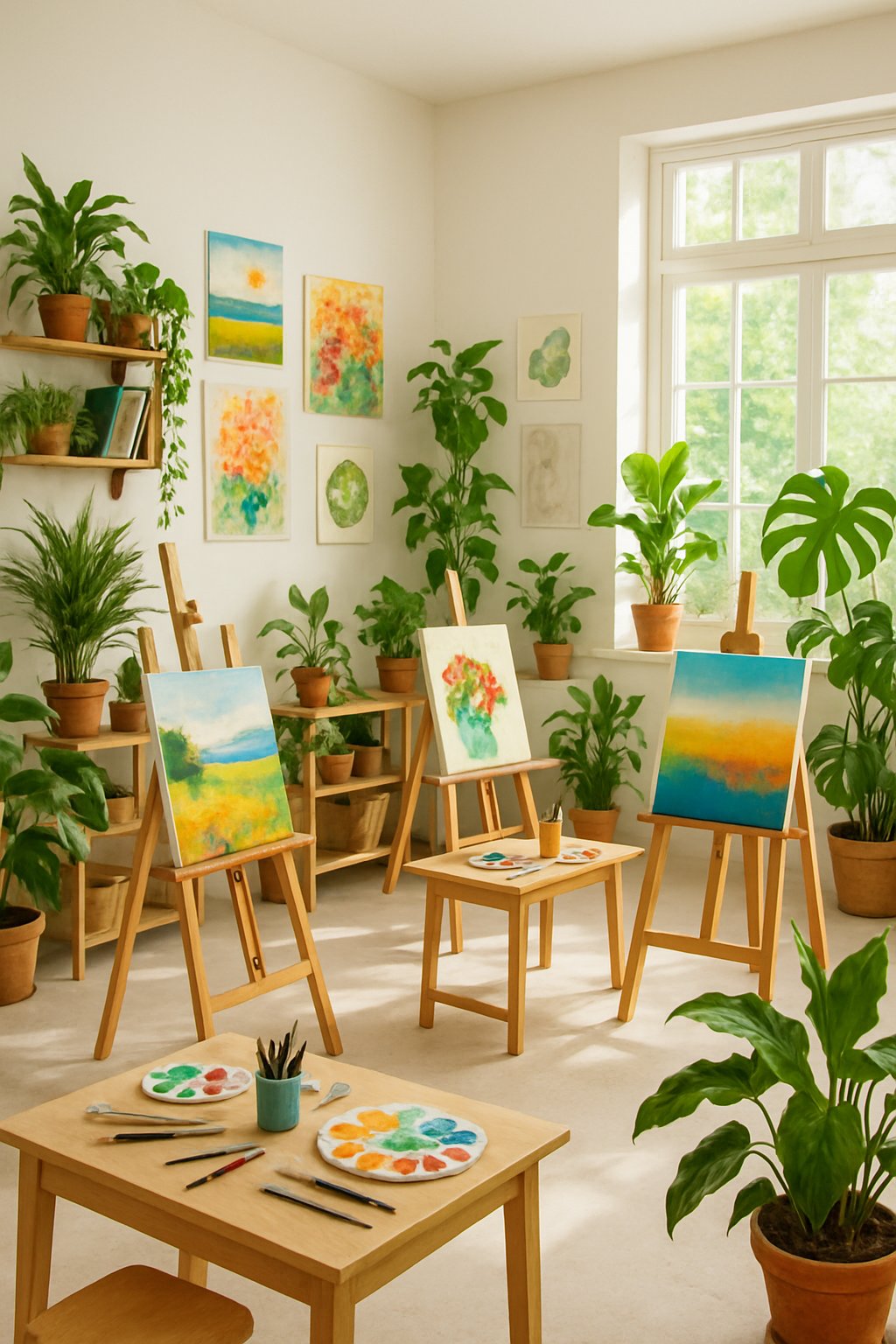 An art room with easels, paintings, and various green plants placed around the space, creating a bright and inviting atmosphere.